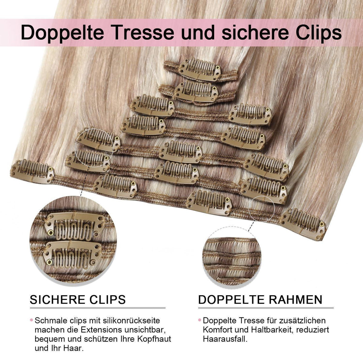 Clip-in Haarverlängerung Echthaar 55cm Aschblond bis Goldblond