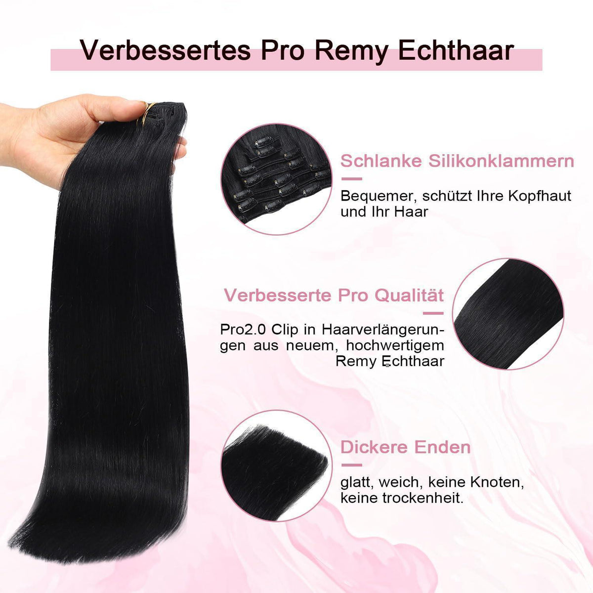 Clip-in Haarverlängerung Echthaar Schwarz 35cm (120g, 7 Stück)