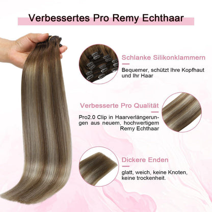 Clip-in Haarverlängerung Echthaar 35cm #3/8/22 Walnuss Braun