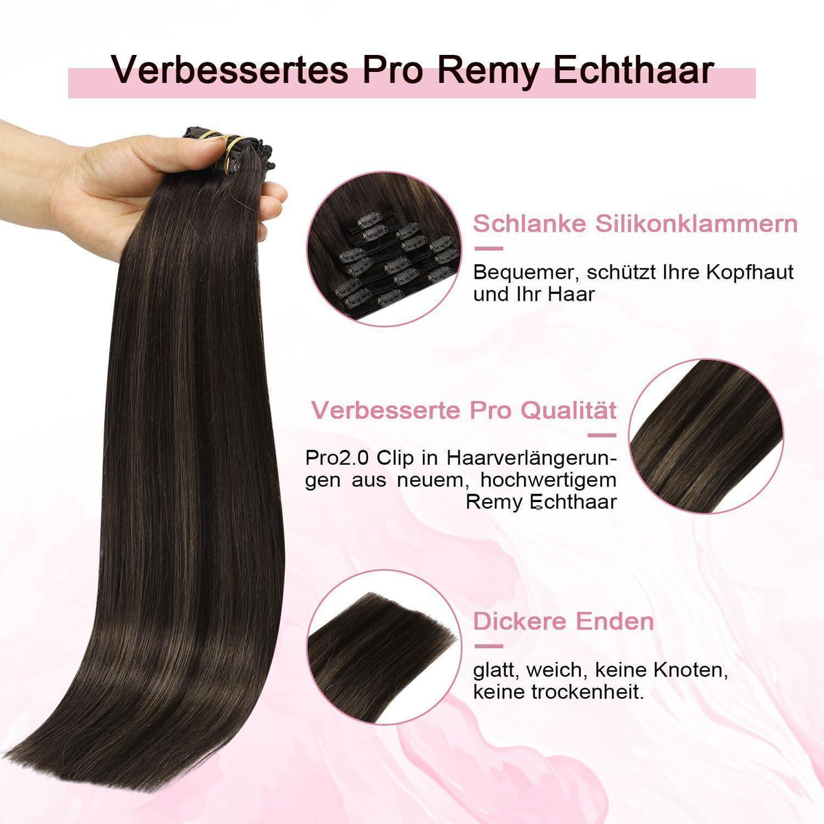 Remy Echthaar Clip-Ins Dunkelbraun #2/6/2 – 40cm
