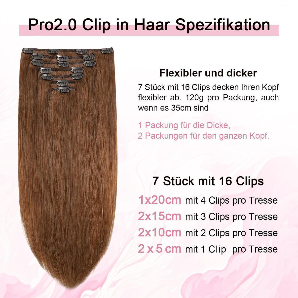 Clip-in Haarverlängerung Echthaar Rotbraun #33, 35cm