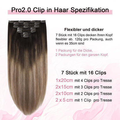 Clip-in Haarverlängerung Echthaar Dunkelbraun bis Blond 35cm
