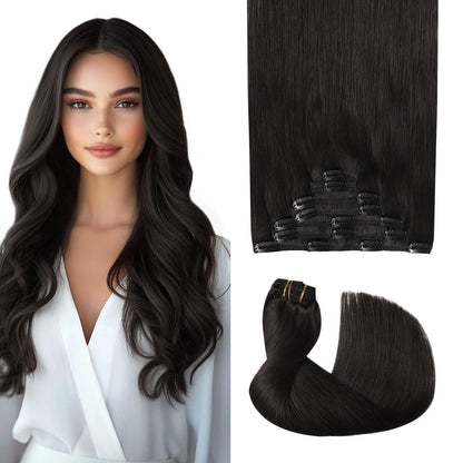 Clip-in Haarverlängerung Echthaar 120g #1B Schwarz 35cm