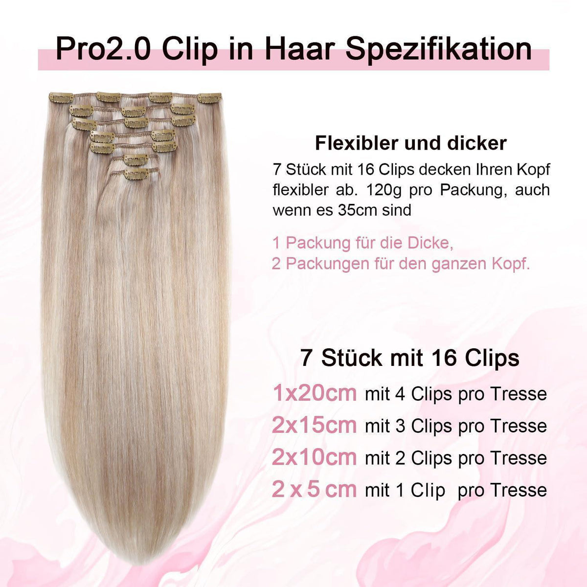 Clip-in Haarverlängerung Echthaar Aschblond Highlight 35cm