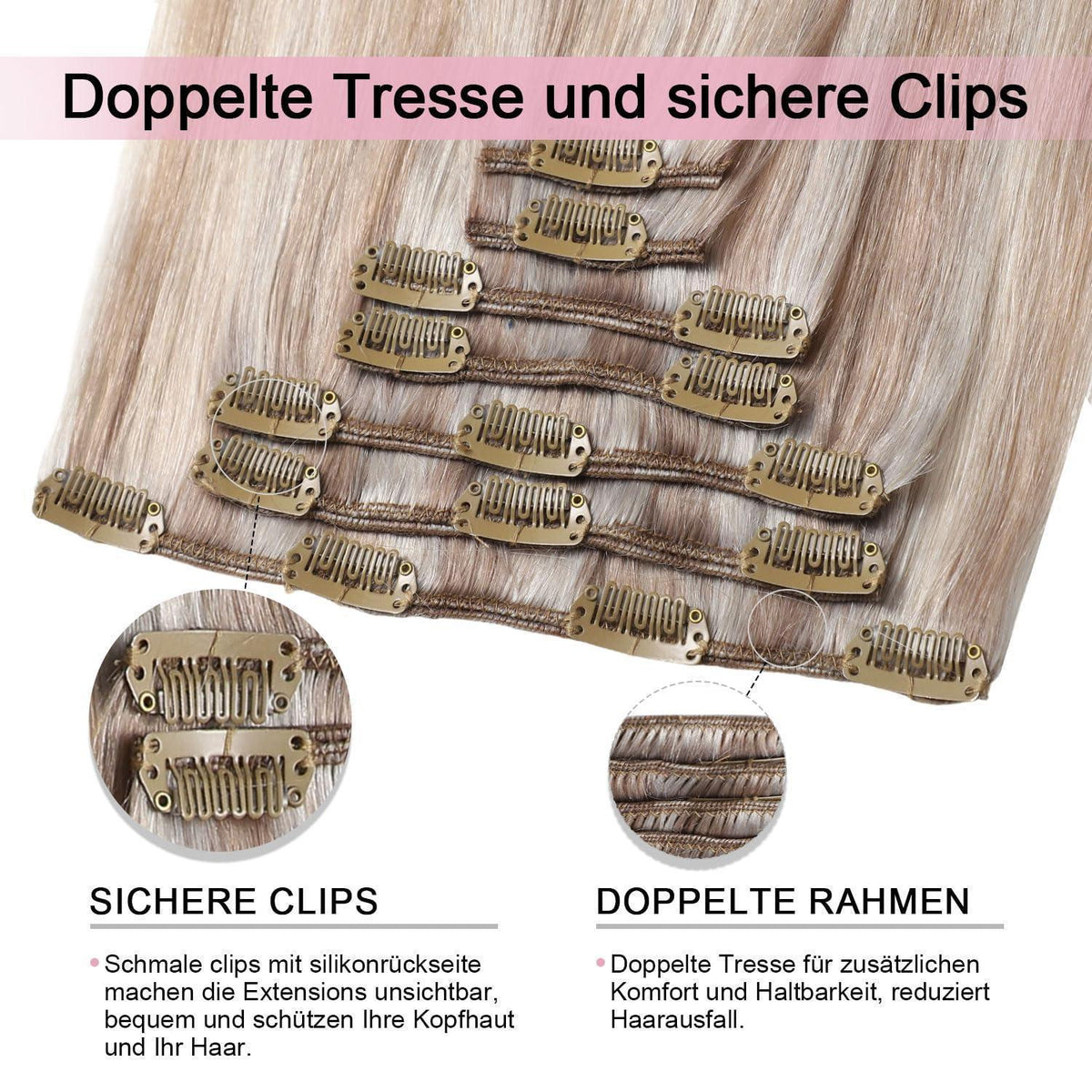 Clip-in Haarverlängerung Echthaar Aschblond Highlight 35cm