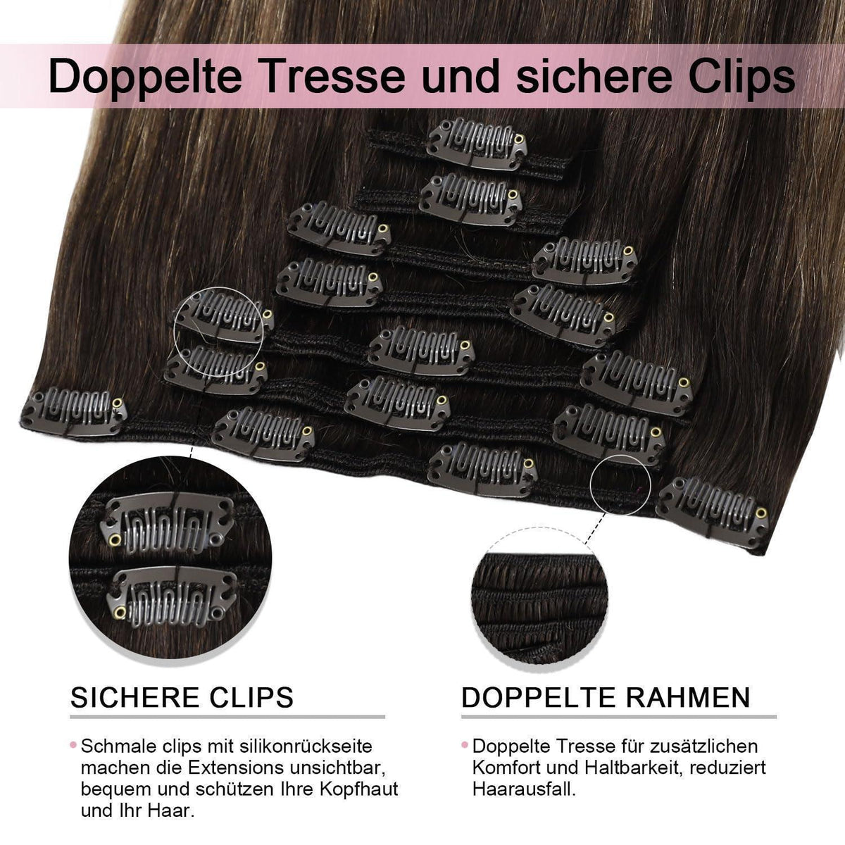 Clip-in Haarverlängerung Echthaar Dunkelbraun #2/6/2, 35cm