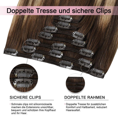 Remy Echthaar Clip-Ins #4/27/4 Balayage – 40cm Haarverlängerung