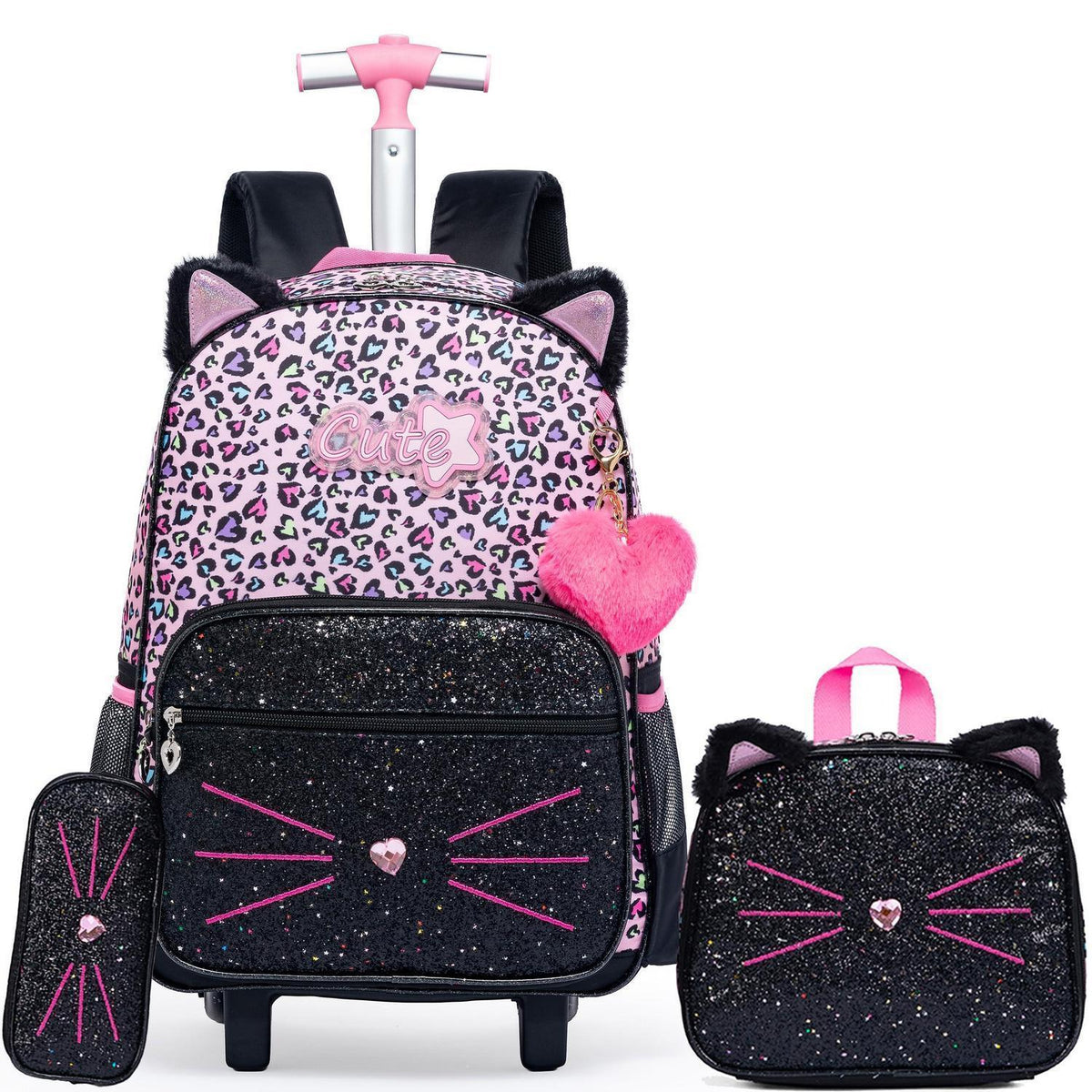 Kinder Rucksack mit Rollen & Trolley Set Rosa Katzen Design