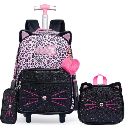 Kinder Rucksack mit Rollen & Trolley Set Rosa Katzen Design