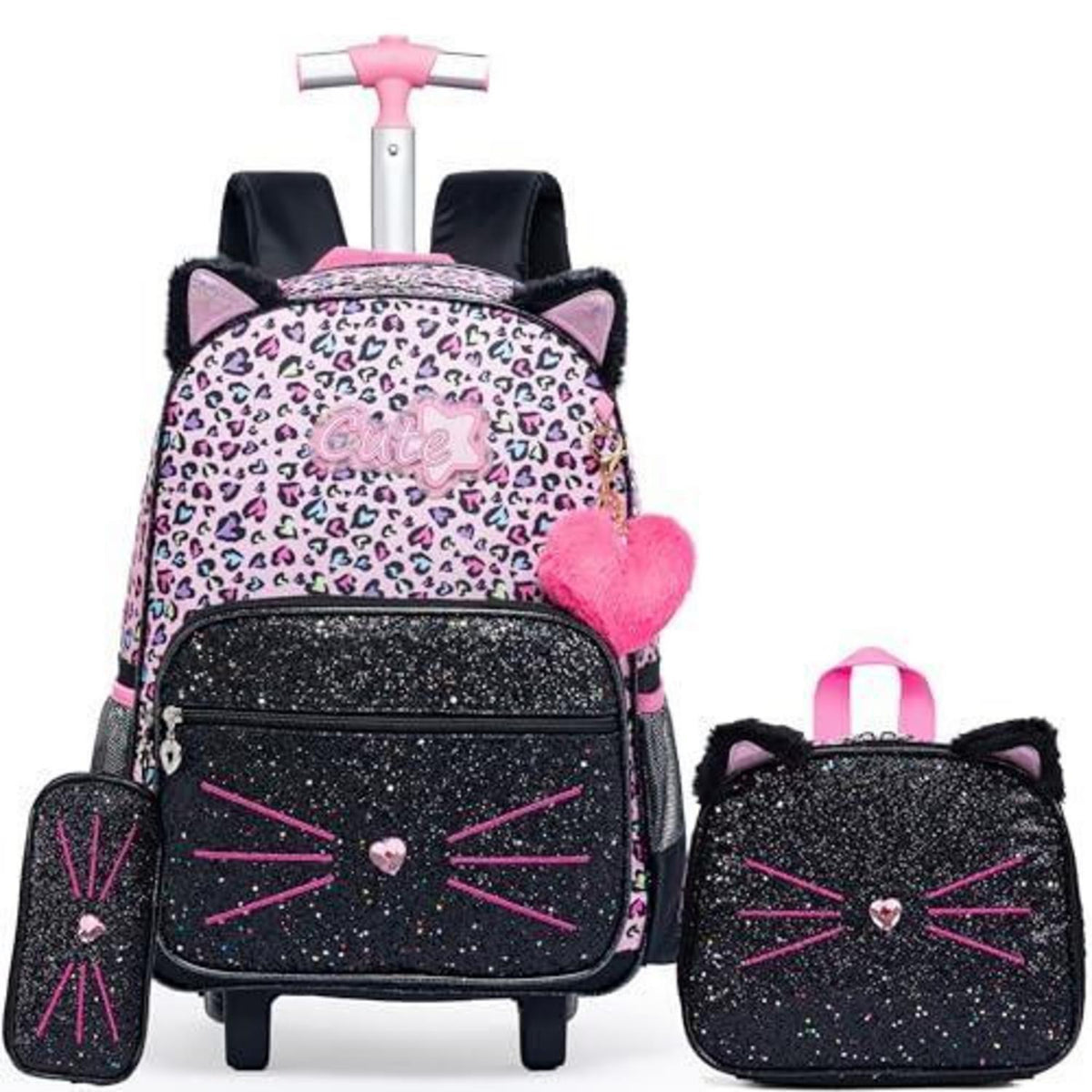 Kinder Rucksack mit Rollen & Trolley Set Rosa Katzen Design