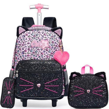 Kinder Rucksack mit Rollen & Trolley Set Rosa Katzen Design