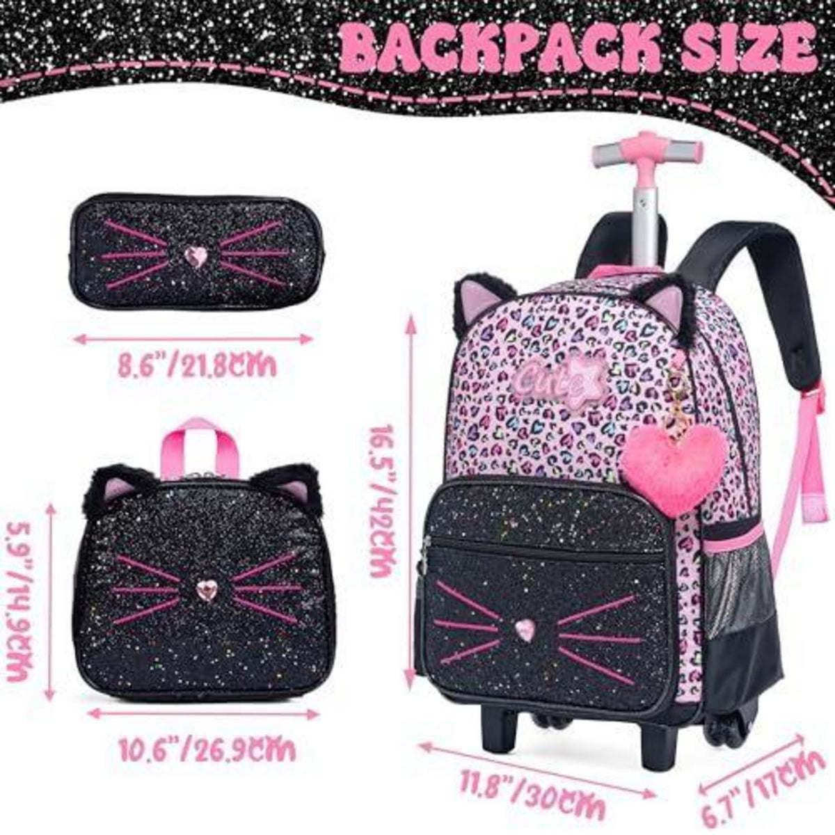 Kinder Rucksack mit Rollen & Trolley Set Rosa Katzen Design