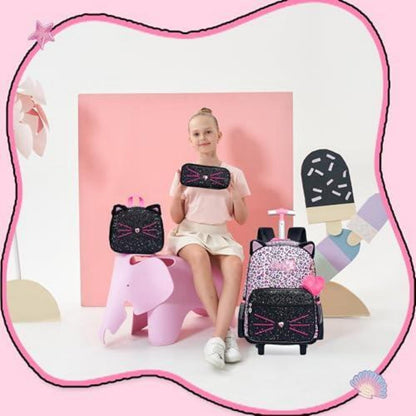 Kinder Rucksack mit Rollen & Trolley Set Rosa Katzen Design
