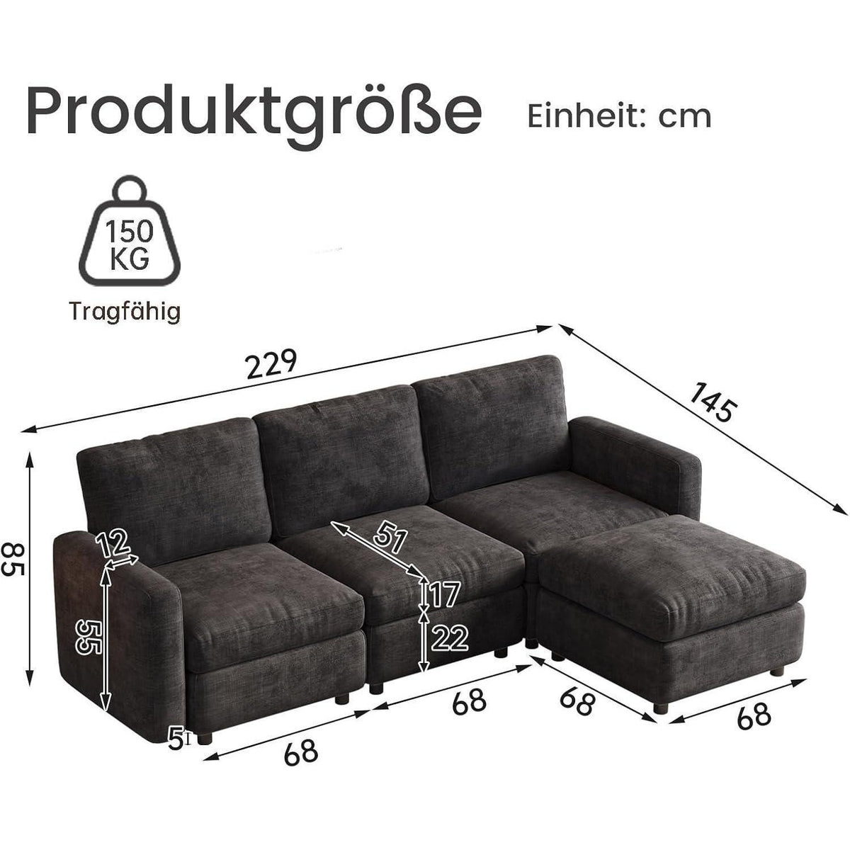 Modulares Samtsofa mit Stauraumhocker – 4-Sitzer Couch