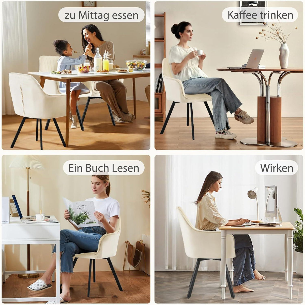 Drehbarer Esszimmerstuhl mit Armlehne & Samtbezug – 4er Set Beige