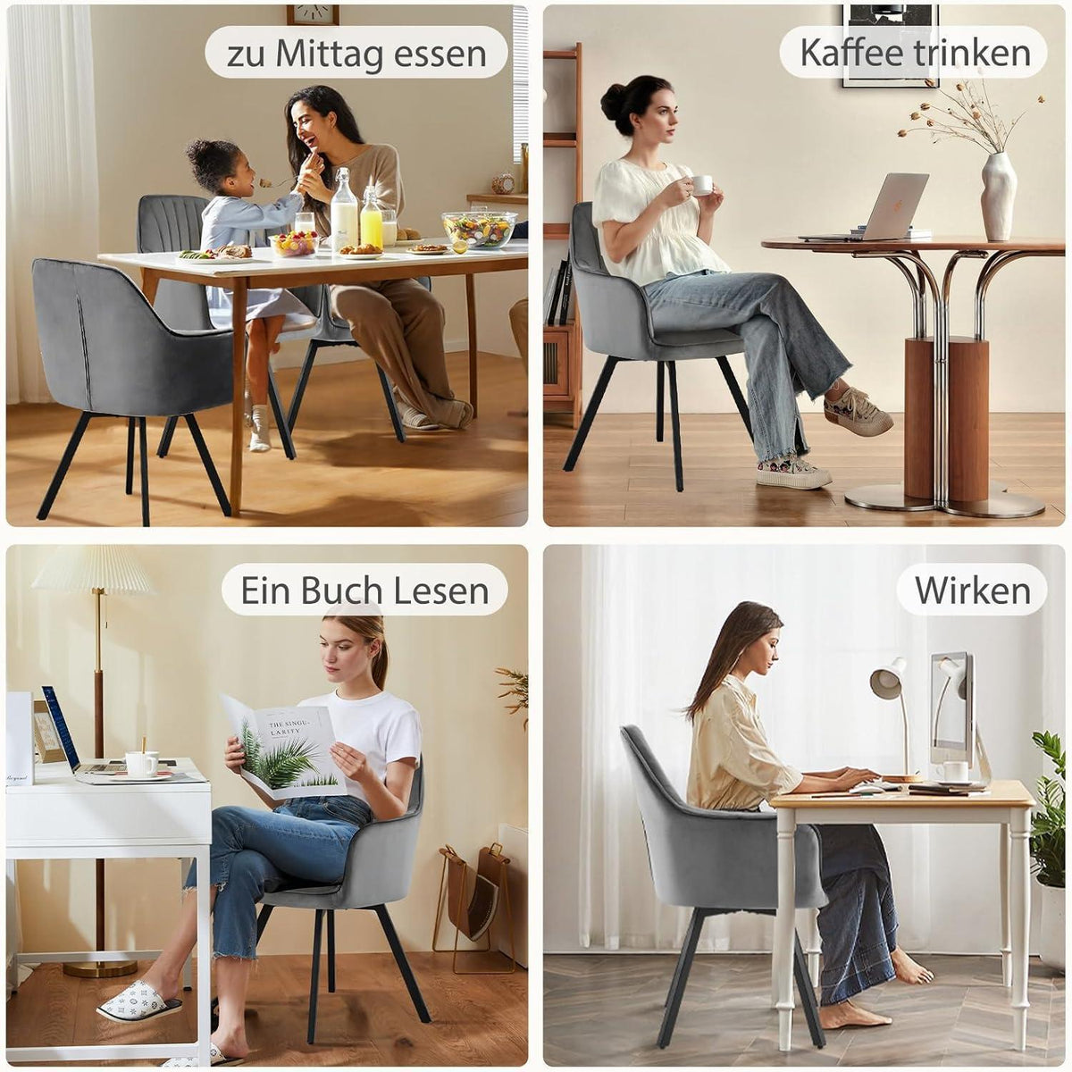 Drehbarer Esszimmerstuhl Set 6x, Samt & Metall, Dunkelgrau