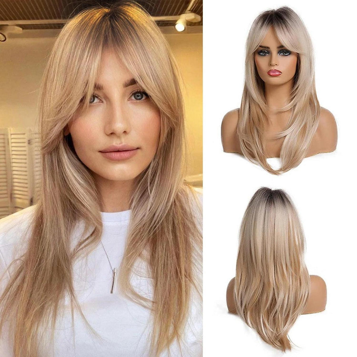 20 Zoll Gerade Blonde Bob Perücke mit Pony & Dunklen Wurzeln