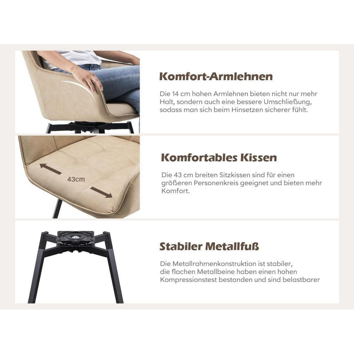 Drehbare Esszimmerstühle Set 4 – Beige mit Armlehnen in Lederoptik