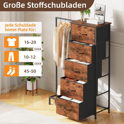 Stoffkommode mit Kleiderstange & 5 Schubladen – Schlafzimmer Schrank
