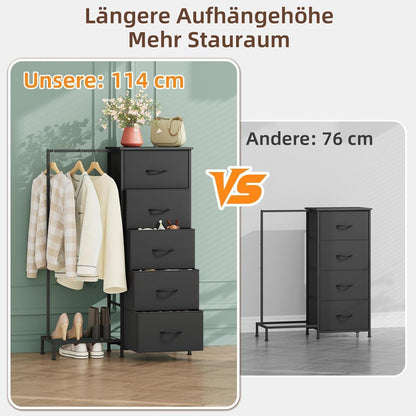 Stoffkommode mit Kleiderstange & 5 Schubladen – Schwarz