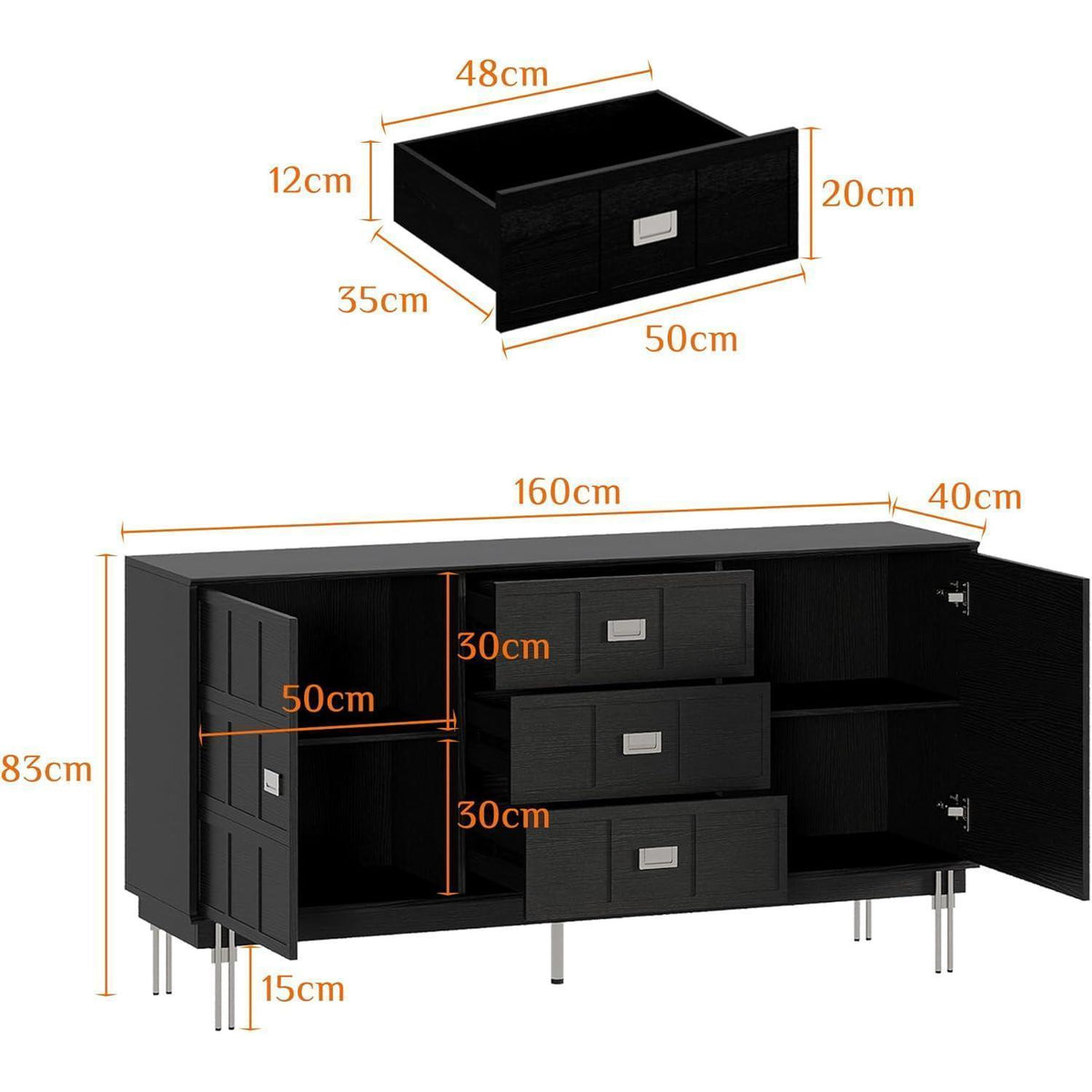 Schwarzes Sideboard mit 3 Schubladen & 2 Türen – 160cm