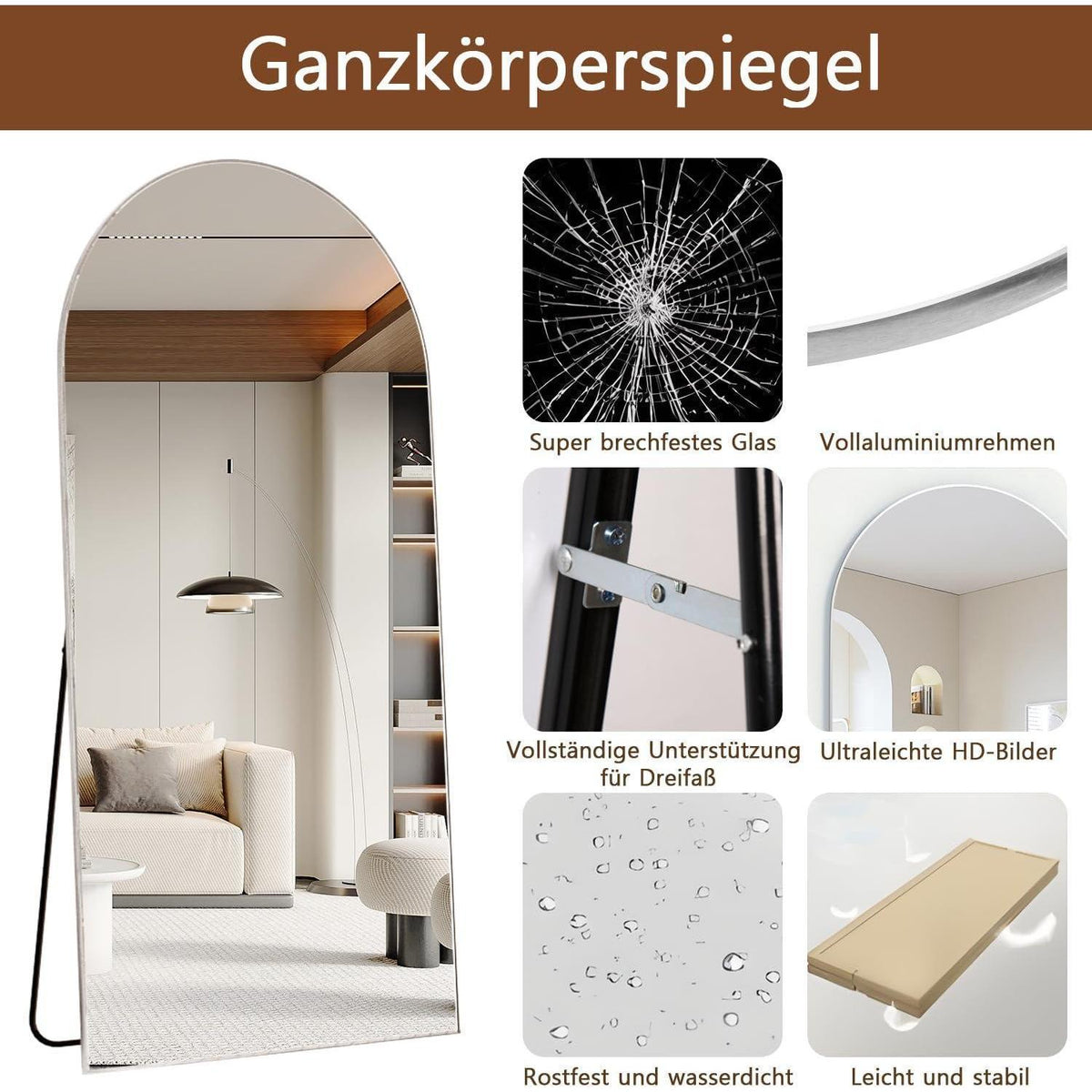 Gewölbter Standspiegel Voll Länge – Modern & Elegant 193x86 cm