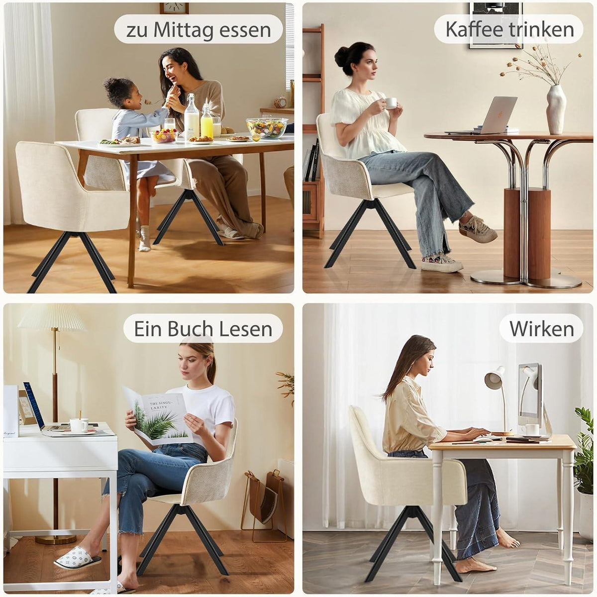 Drehbarer Esszimmerstuhl mit Armlehne & Chenillebezug - Beige (4er Set)