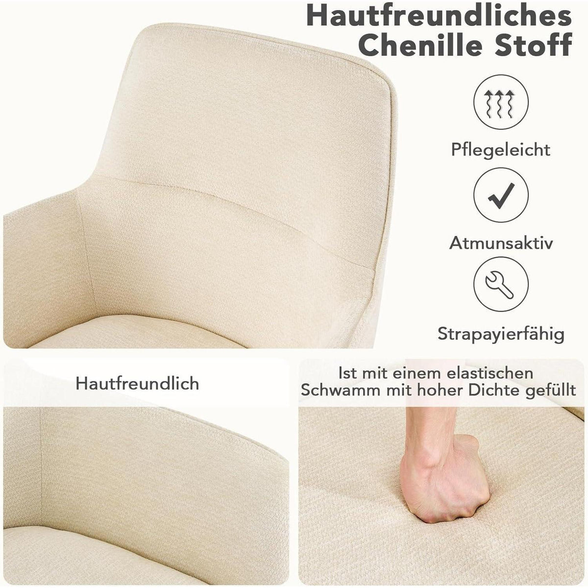 Drehbarer Esszimmerstuhl mit Armlehne & Chenillebezug - Beige (4er Set)