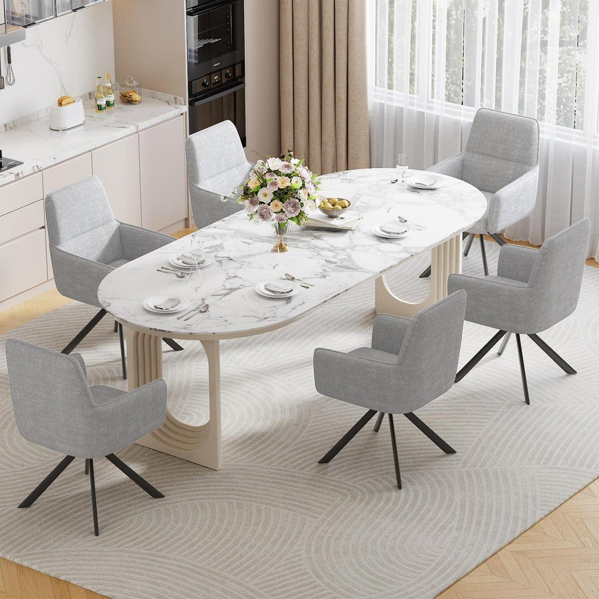 Drehbarer Esszimmerstuhl Set 6x – Bequemer Chenille Polsterstuhl