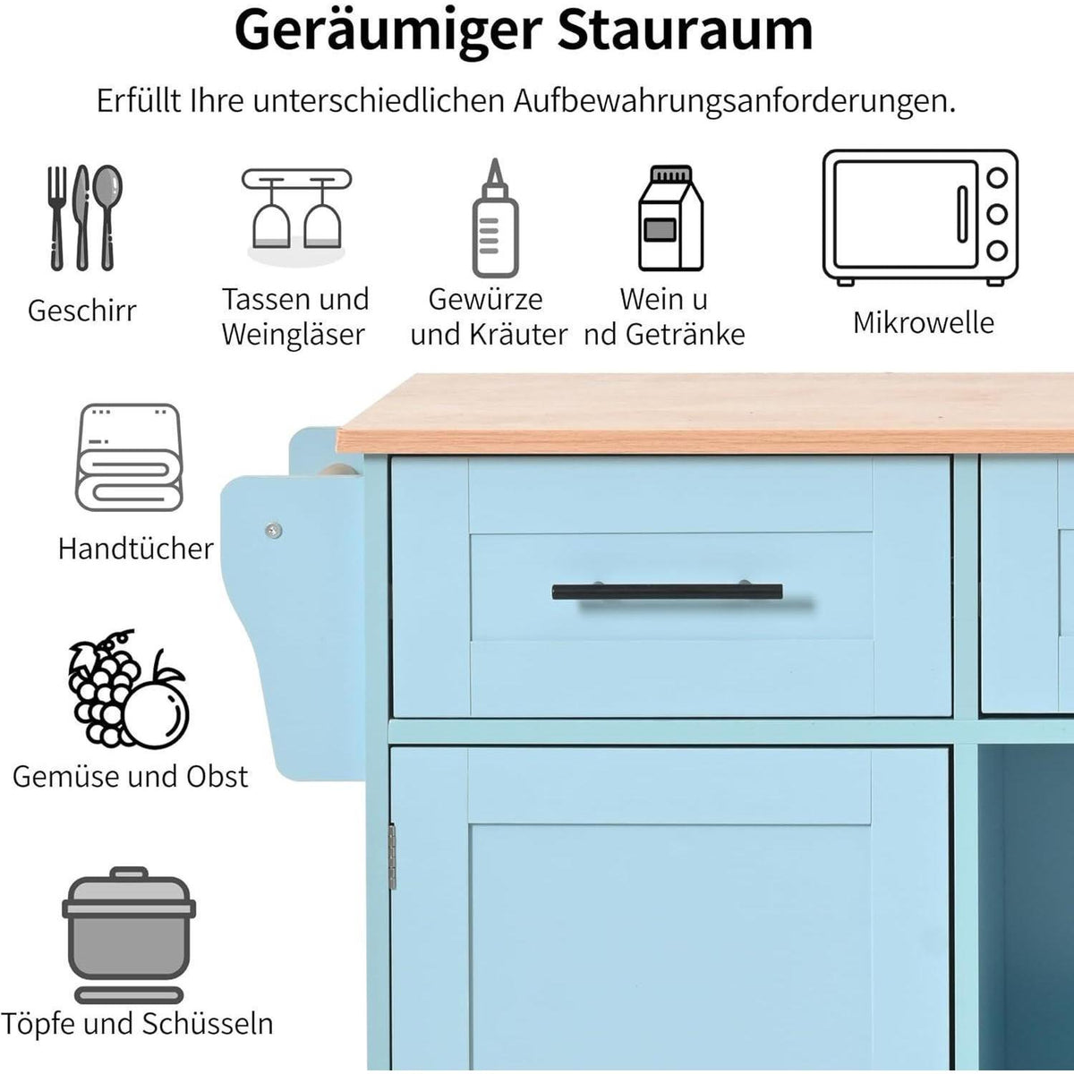 Küchenwagen mit Klappplatte & Ablagetür, Schwarz & Holzoptik