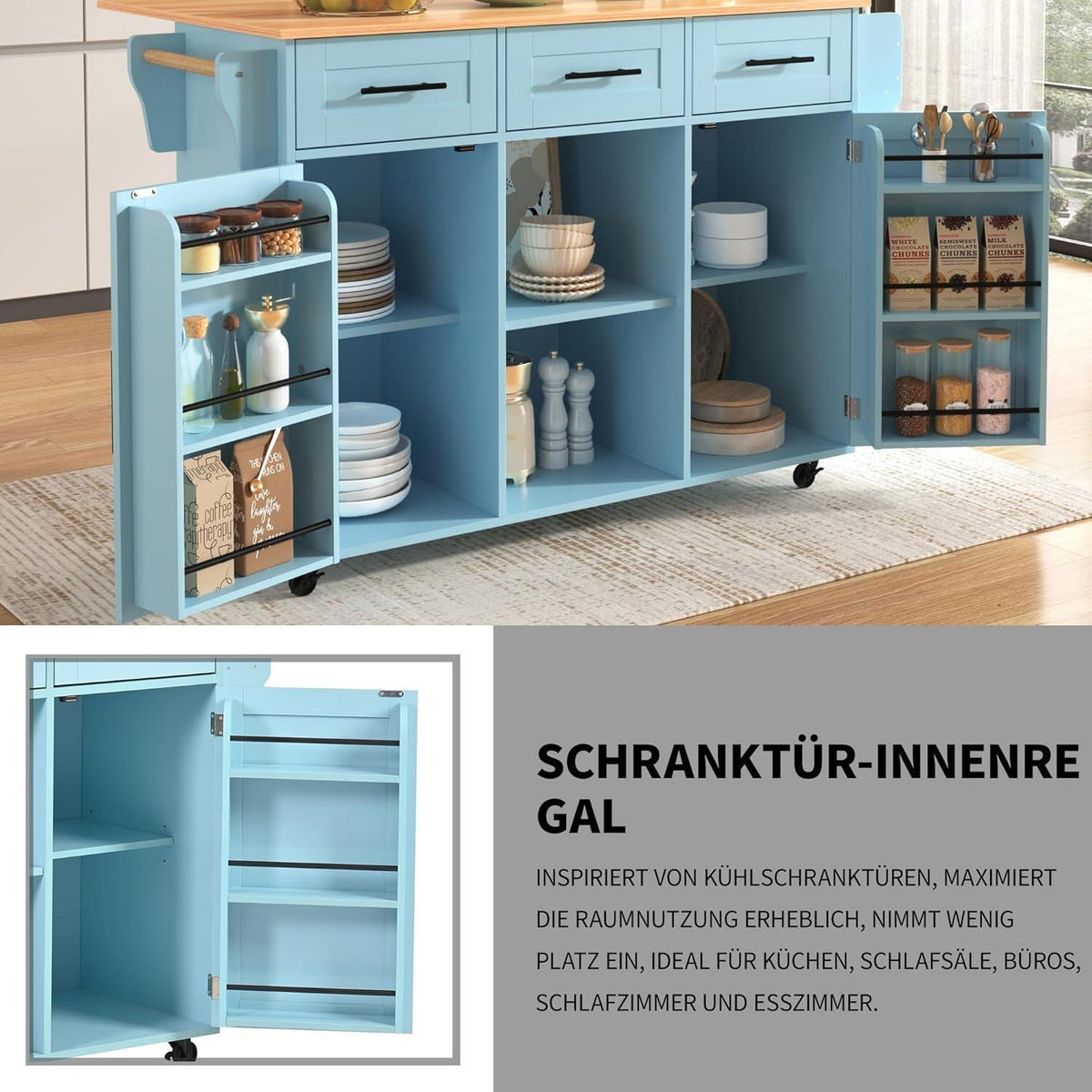 Küchenwagen mit Klappplatte & Ablagetür, Schwarz & Holzoptik