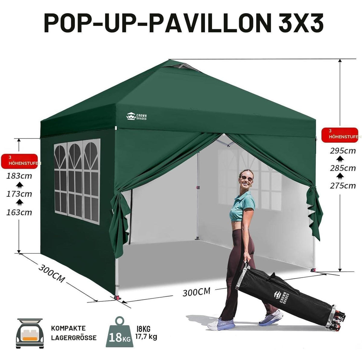 3x3m Faltpavillon wasserdicht mit Seitenwänden & UV-Schutz