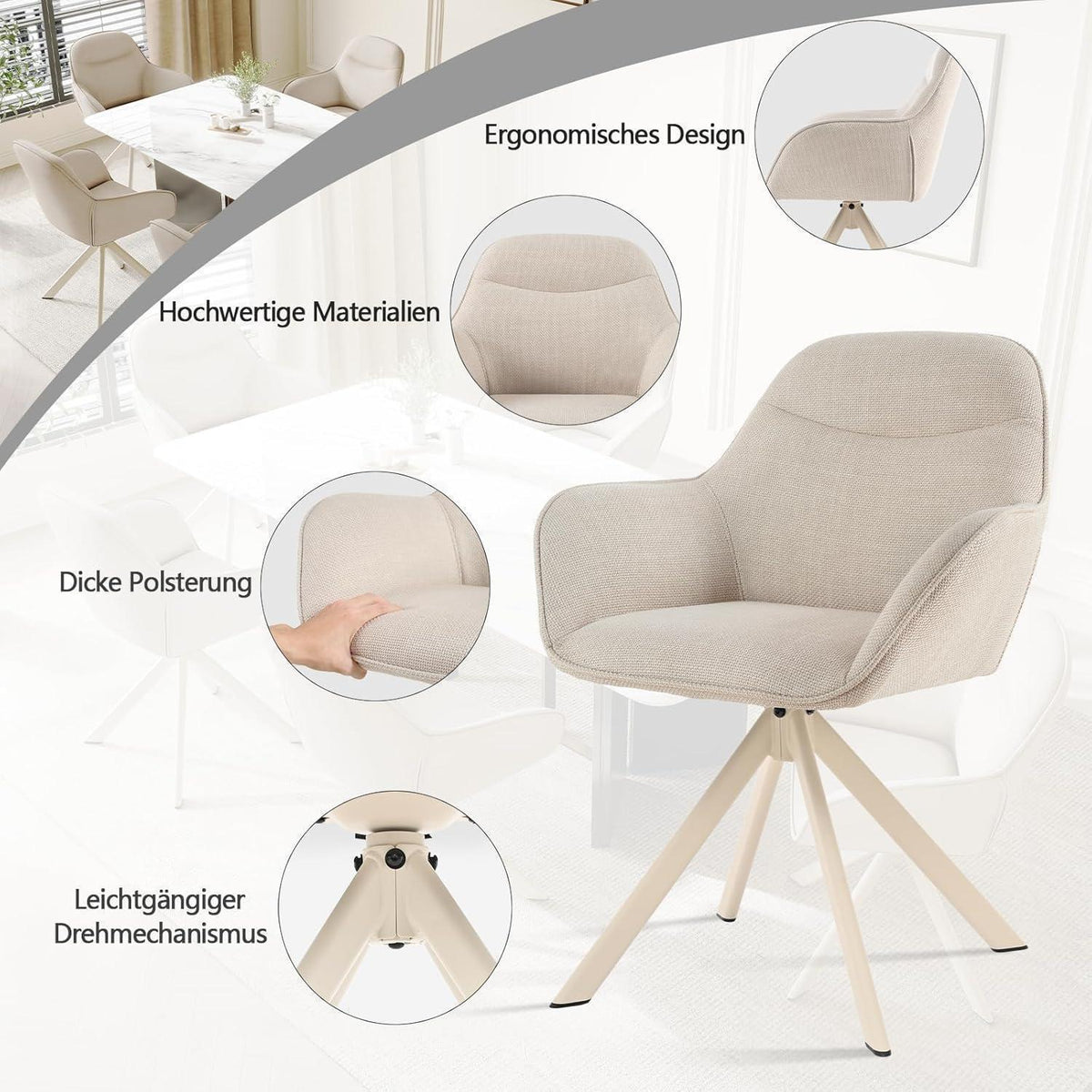 Esszimmerstuhl Beige mit Armlehne – 2er Set Drehstuhl