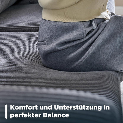 Großes 3-Sitzer Cord Sofa mit Tiefsitz & hohen Beinen – Grau