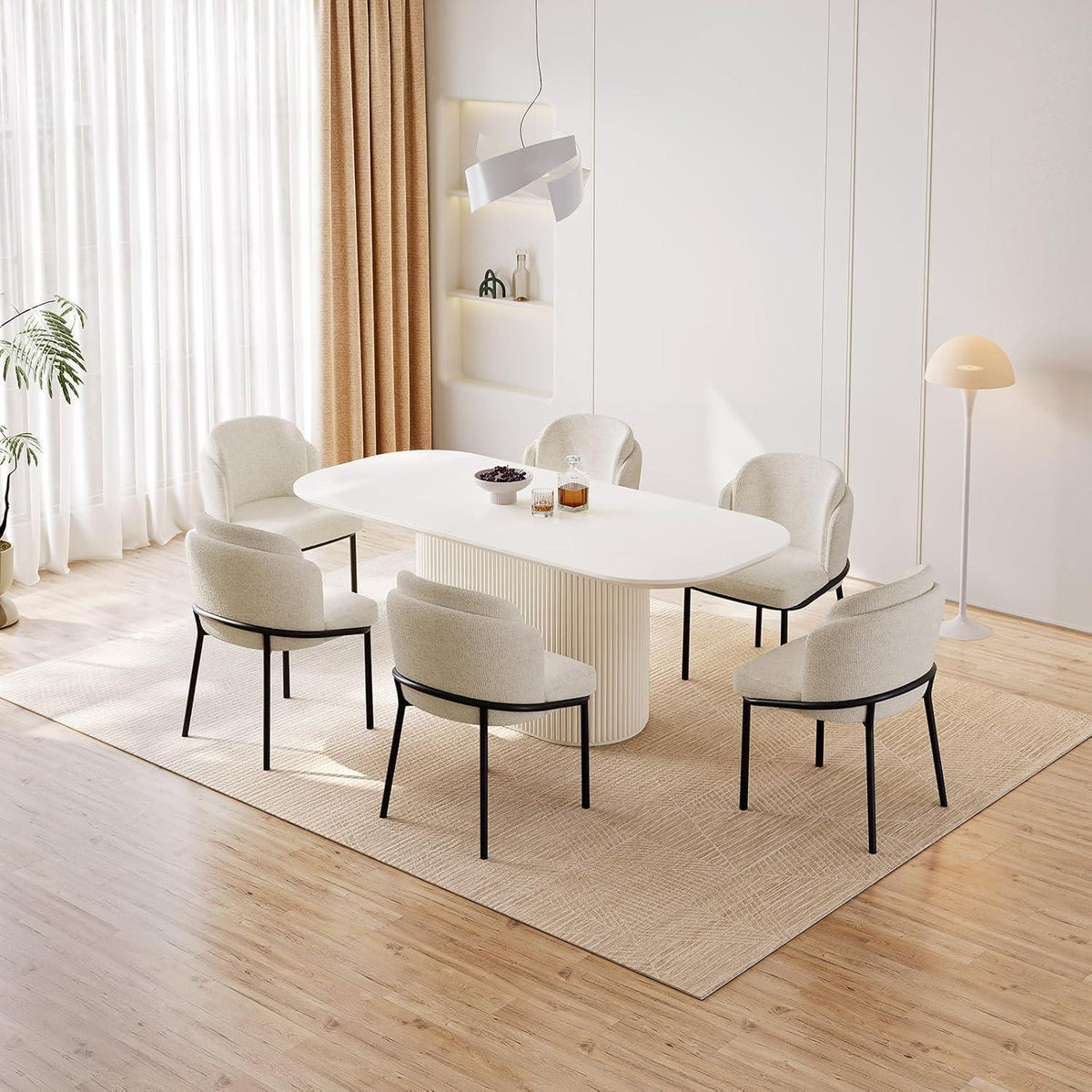 Esszimmertisch Set Weiß mit 6 Stoffstühlen – Skandinavisches Design
