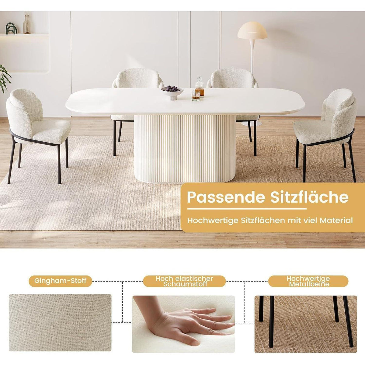 Esszimmertisch Set Weiß 220cm mit 6 Stoffstühlen – Skandinavisch Modern