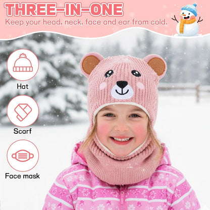 Wintermütze Kinder Mädchen Jungen mit Kapuze & Ohrenschützer Rosa