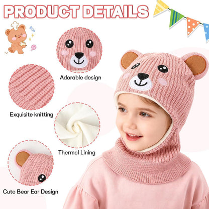 Wintermütze Kinder Mädchen Jungen mit Kapuze & Ohrenschützer Rosa