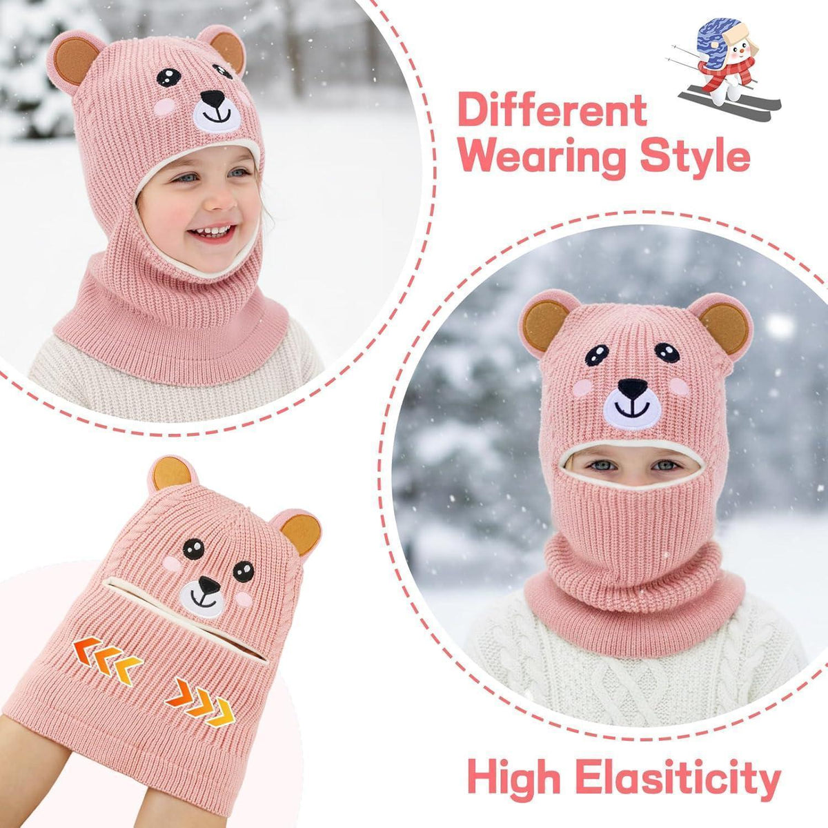 Wintermütze Kinder Mädchen Jungen mit Kapuze & Ohrenschützer Rosa
