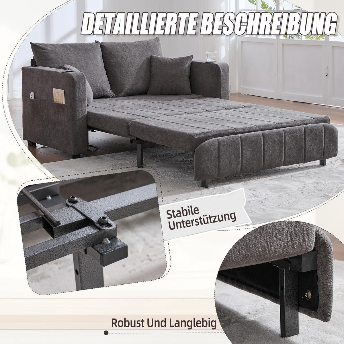 Zweisitzer Sofa mit Schlaffunktion & Aufbewahrung, Grau