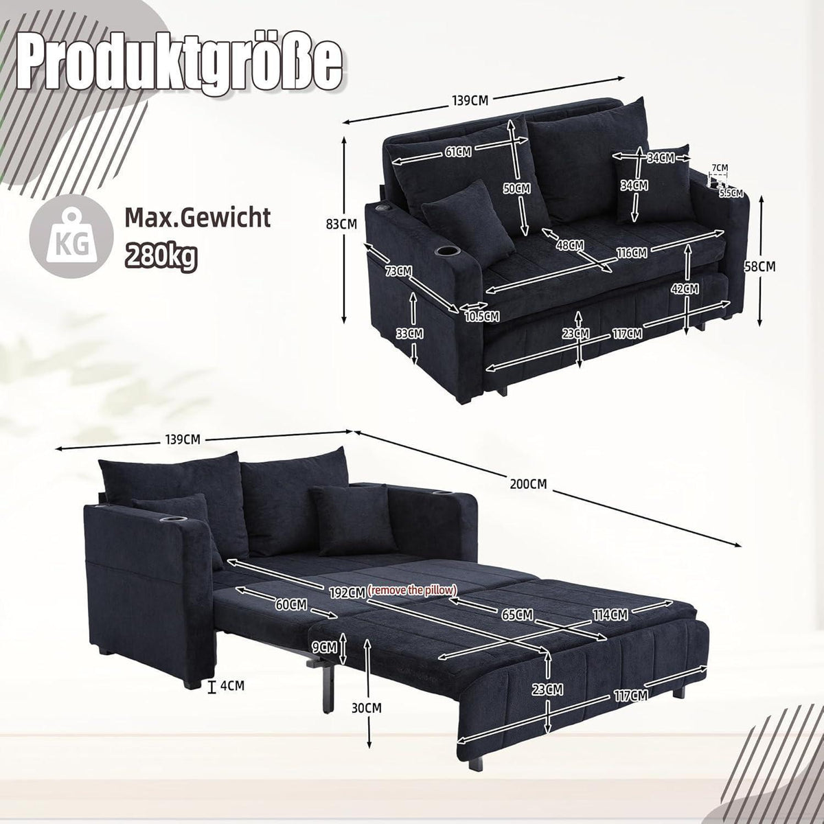 Zweisitzer Sofa mit Schlaffunktion & Aufbewahrung – Schwarz