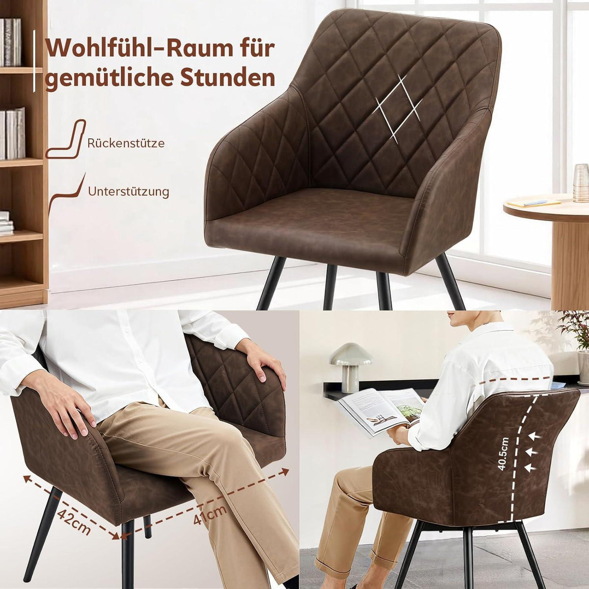Drehbare Esszimmerstühle Set 6x mit Armlehnen Braun in Lederoptik