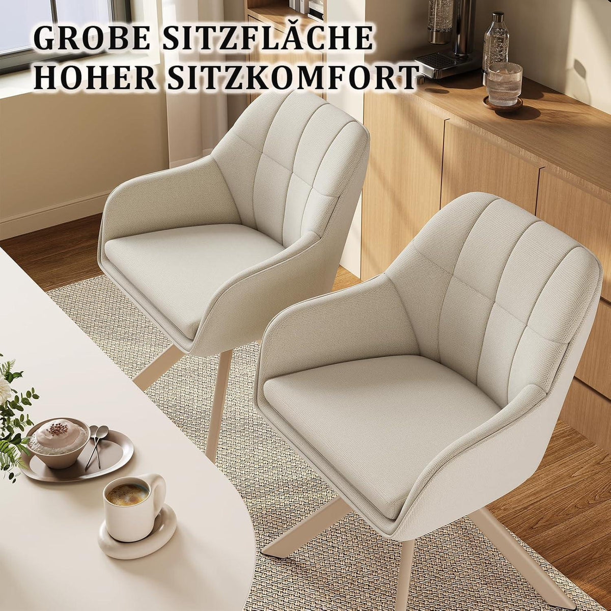 Drehbarer Esszimmerstuhl Set 6er – Beige Polsterstuhl mit Armlehne