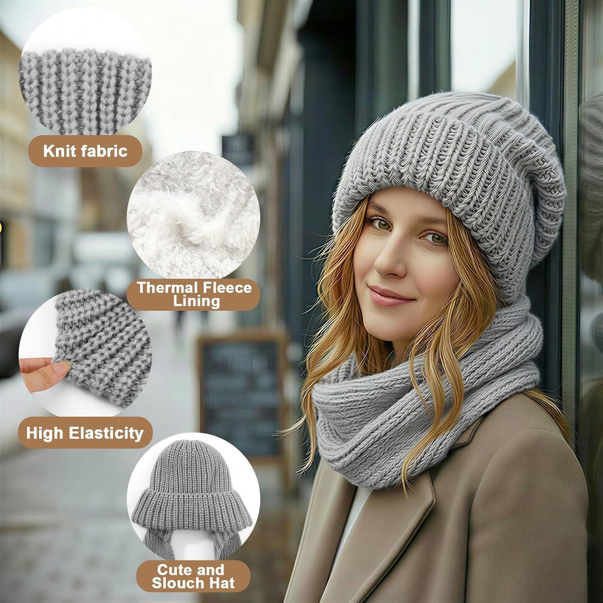 Thermo Strickmütze Damen Fleecegefüttert mit Loop Schal Grau