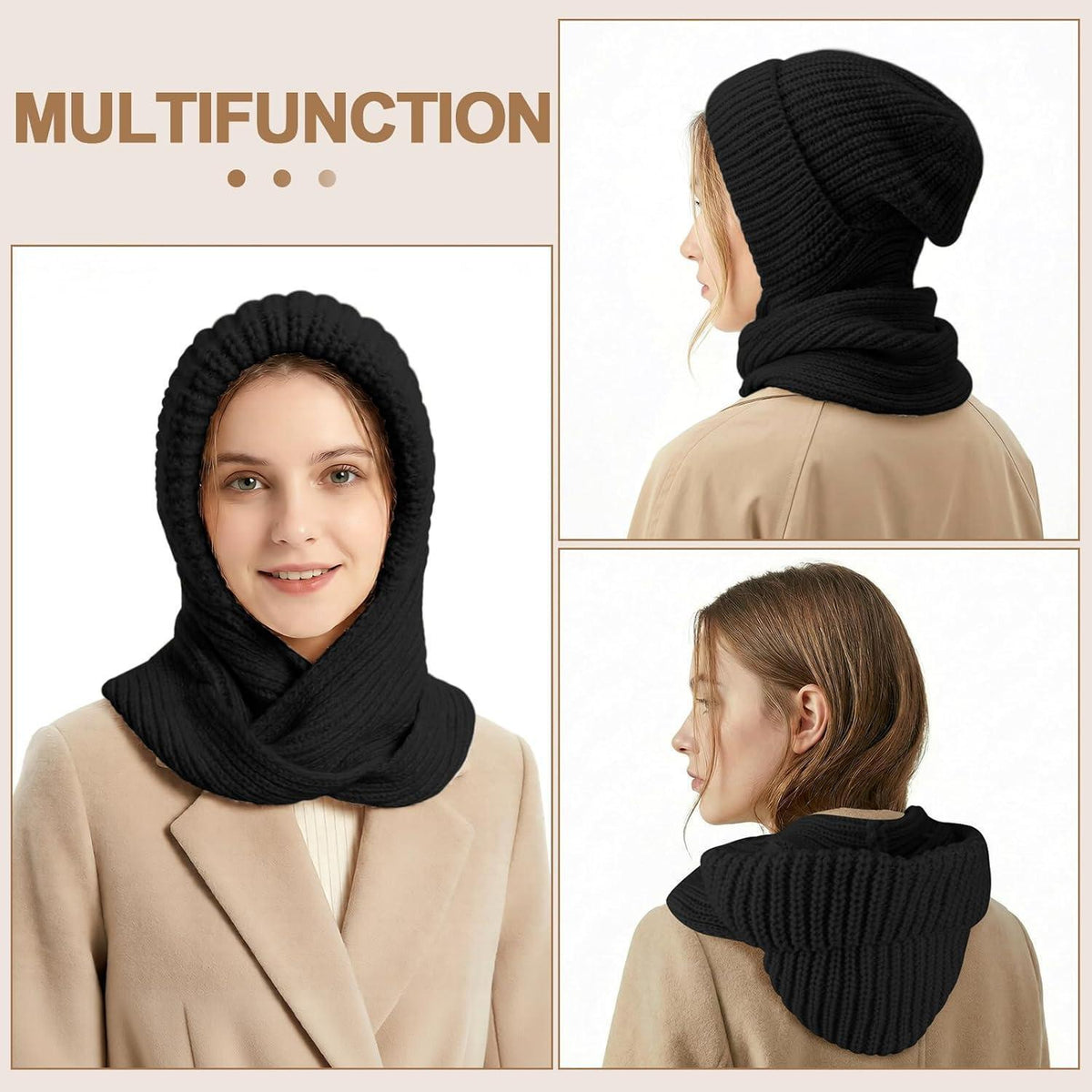 Thermo Strickmütze Damen Fleecegefüttert mit Schal | Wintermütze Balaclava
