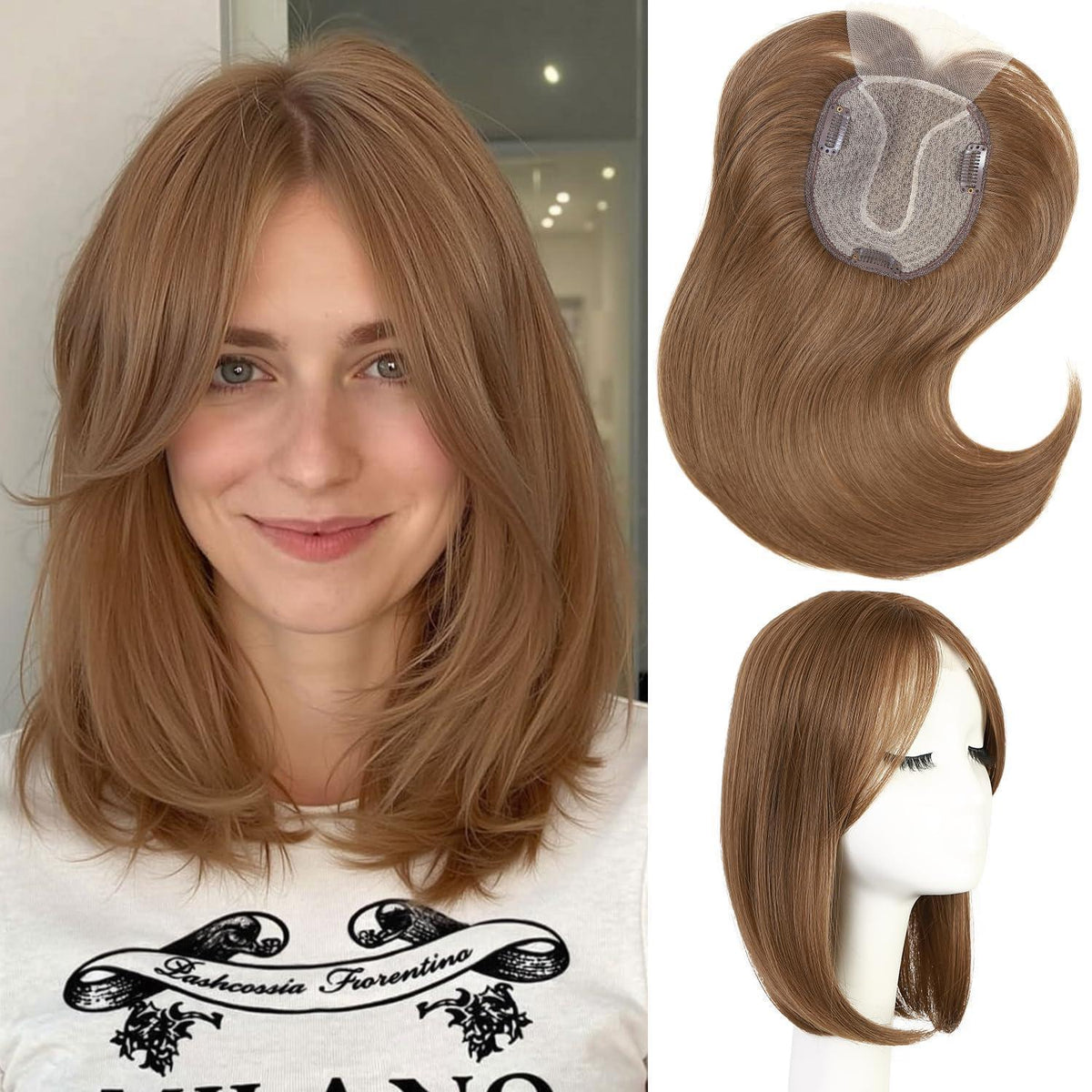 Hellbrauner Haar Topper mit Pony | Clip-in, 14 Zoll, Synthetik