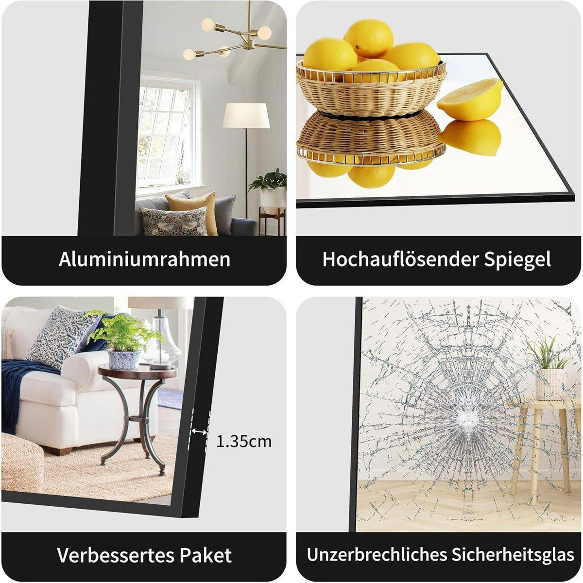Ganzkörperspiegel 203x91cm – Stand- & Wandspiegel mit Schwarzrahmen