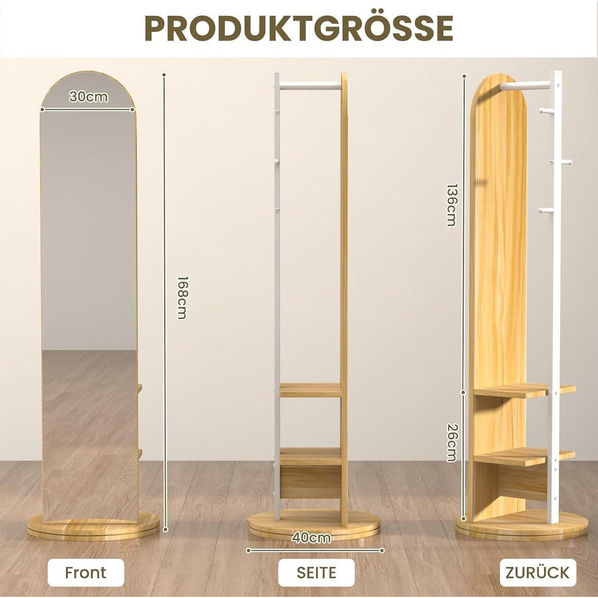 360° Ganzkörperspiegel mit Garderobe & Ablagen