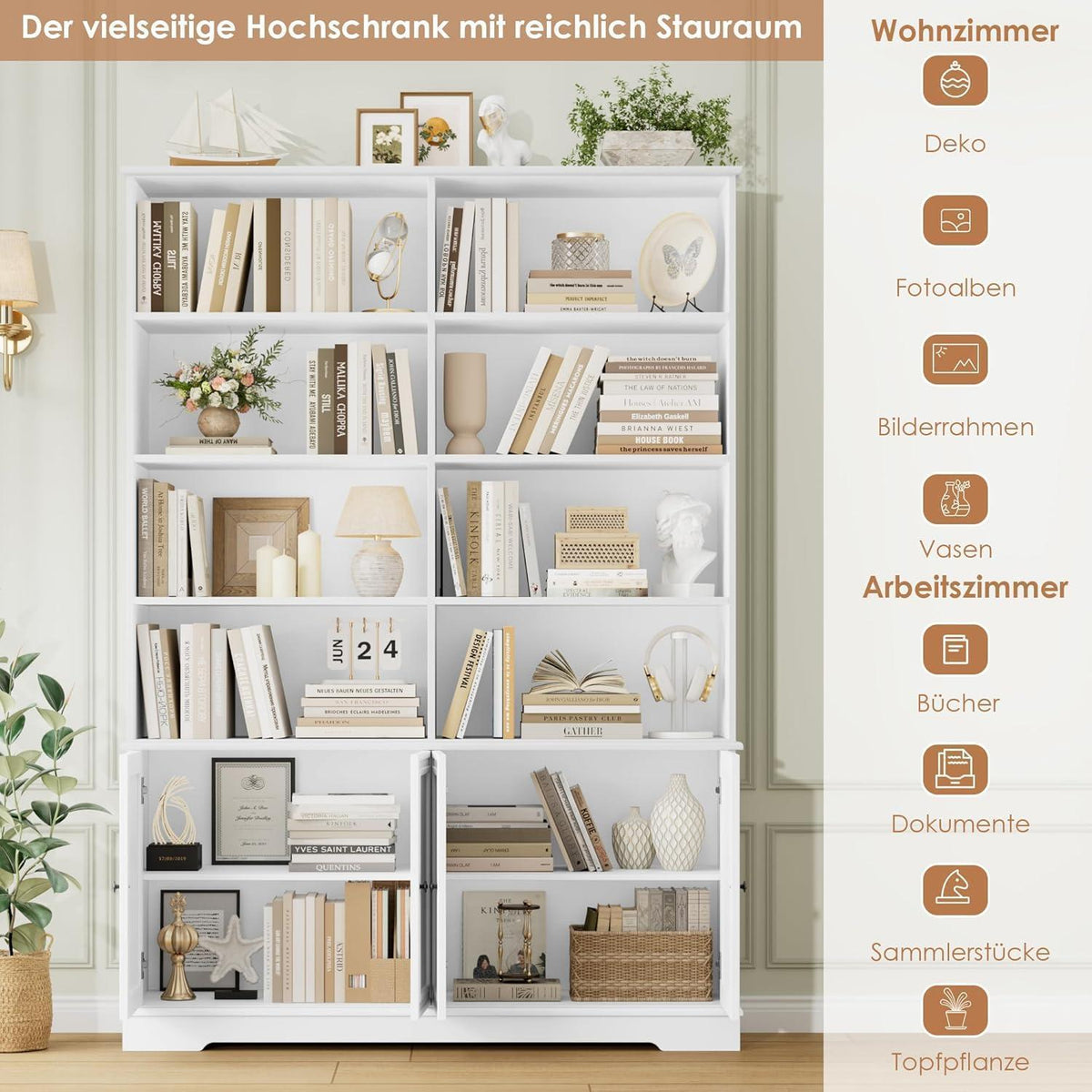 Bücherregal 185cm mit Türen & Fächern – Weißes Holzregal