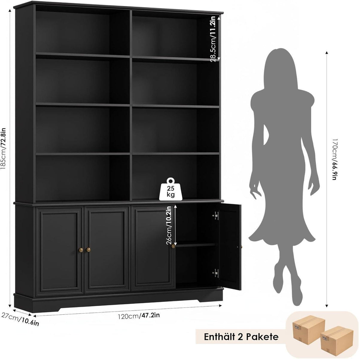 185cm Bücherregal mit Türen & Fächern – Schwarz